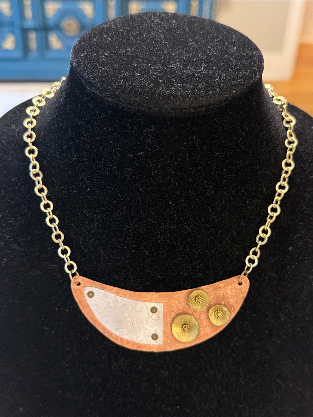 Vintage Gold Silver Copper Tone Artisan Bar Pendant Statement Necklace